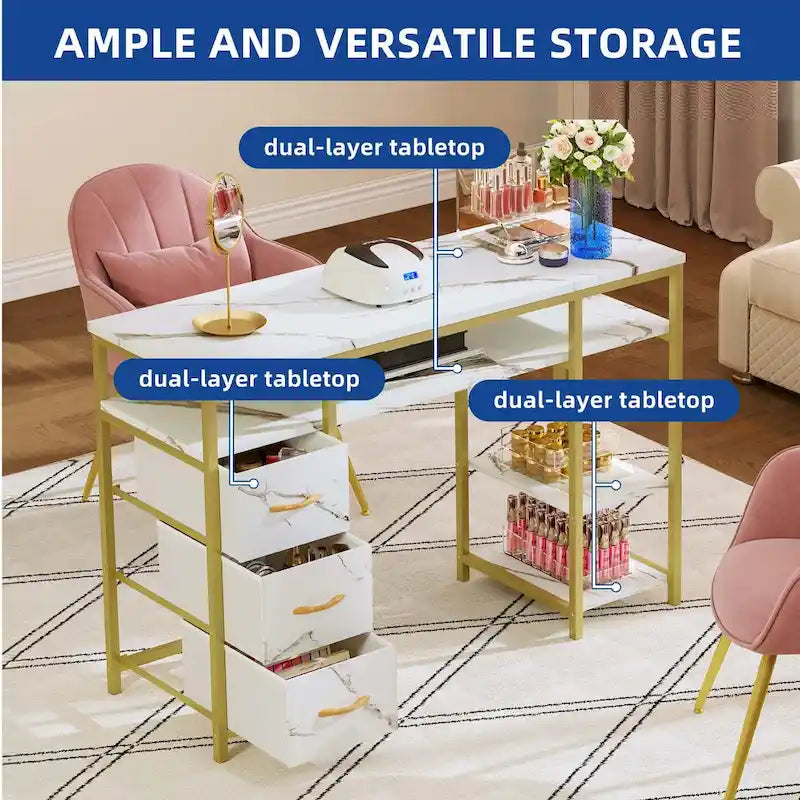 Moasis Coiffeuse Table d'ordinateur avec 3 tiroirs en tissu, Bureau de manucure