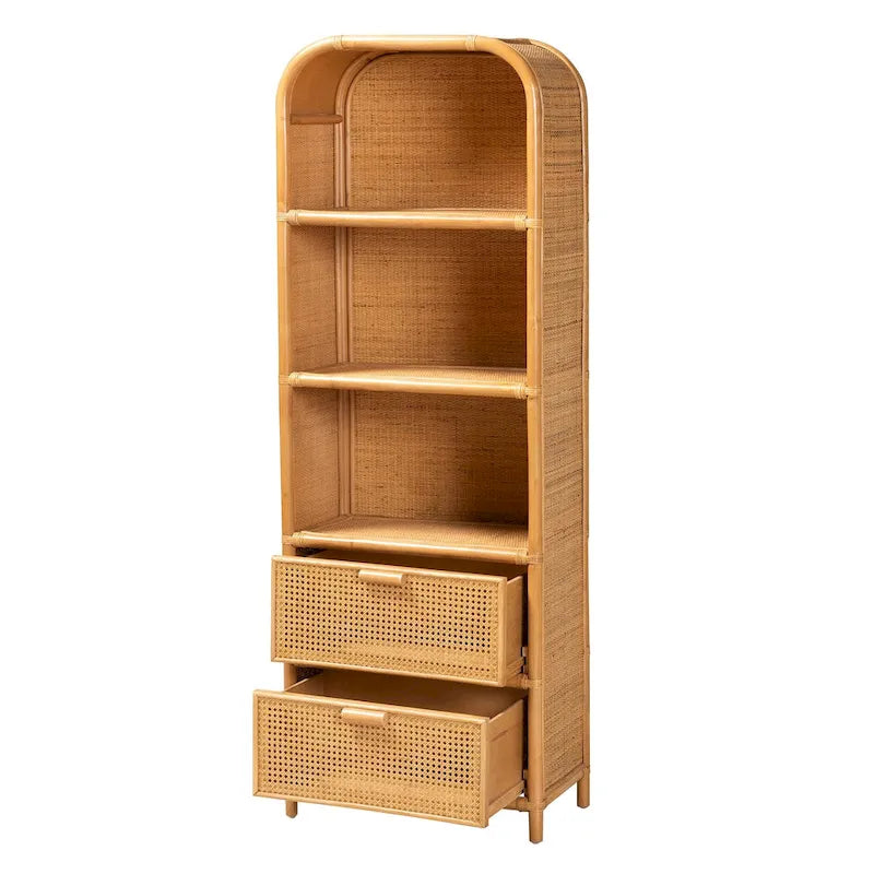 Bibliothèque Curacao moderne bohème en rotin couleur miel clair à 2 tiroirs