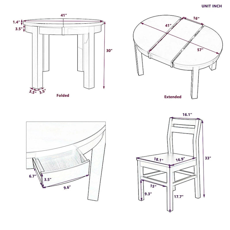 Ensemble de salle à manger 5 pièces extensible rond de style ferme Merax
