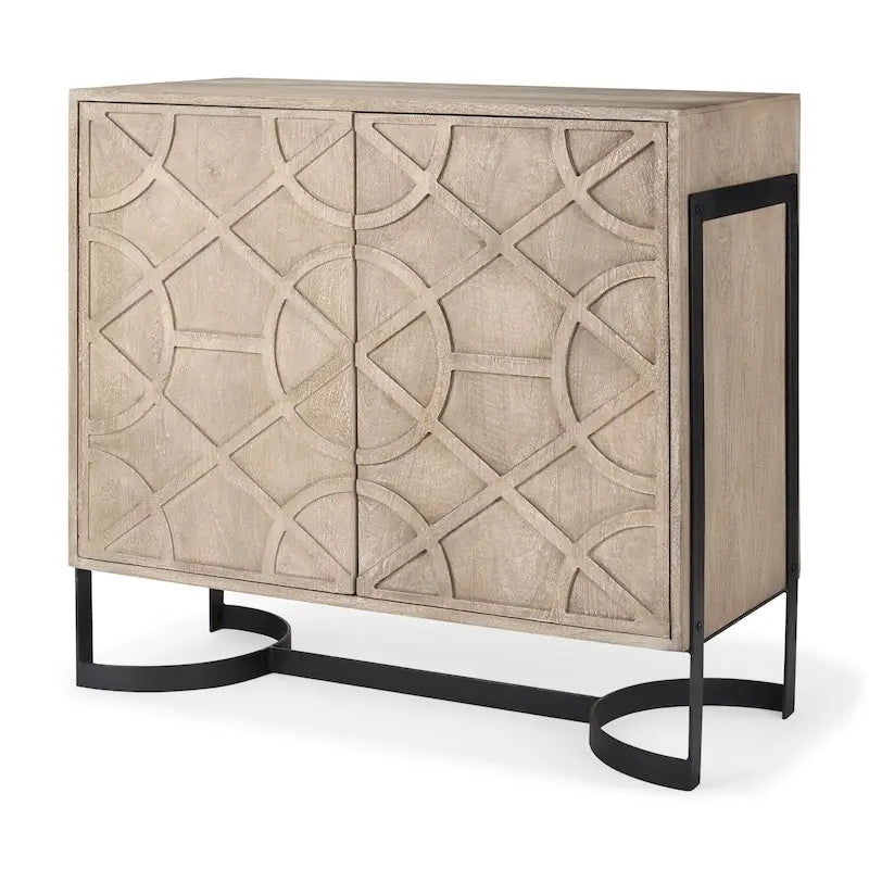 Meuble d'appoint Rivien en bois massif marron clair avec cadre en métal noir à 2 portes