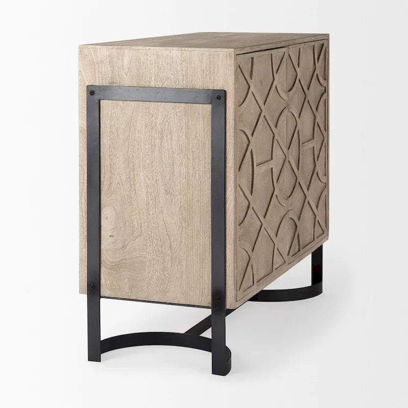 Meuble d'appoint Rivien en bois massif marron clair avec cadre en métal noir à 2 portes