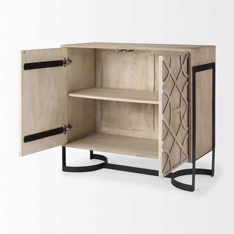 Meuble d'appoint Rivien en bois massif marron clair avec cadre en métal noir à 2 portes