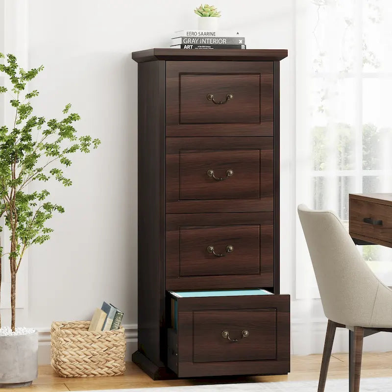 Meuble de classement vertical à 4 tiroirs en bois avec tringle amovible pour format A4/Lettre