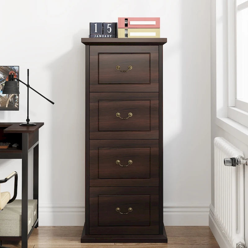 Meuble de classement vertical à 4 tiroirs en bois avec tringle amovible pour format A4/Lettre