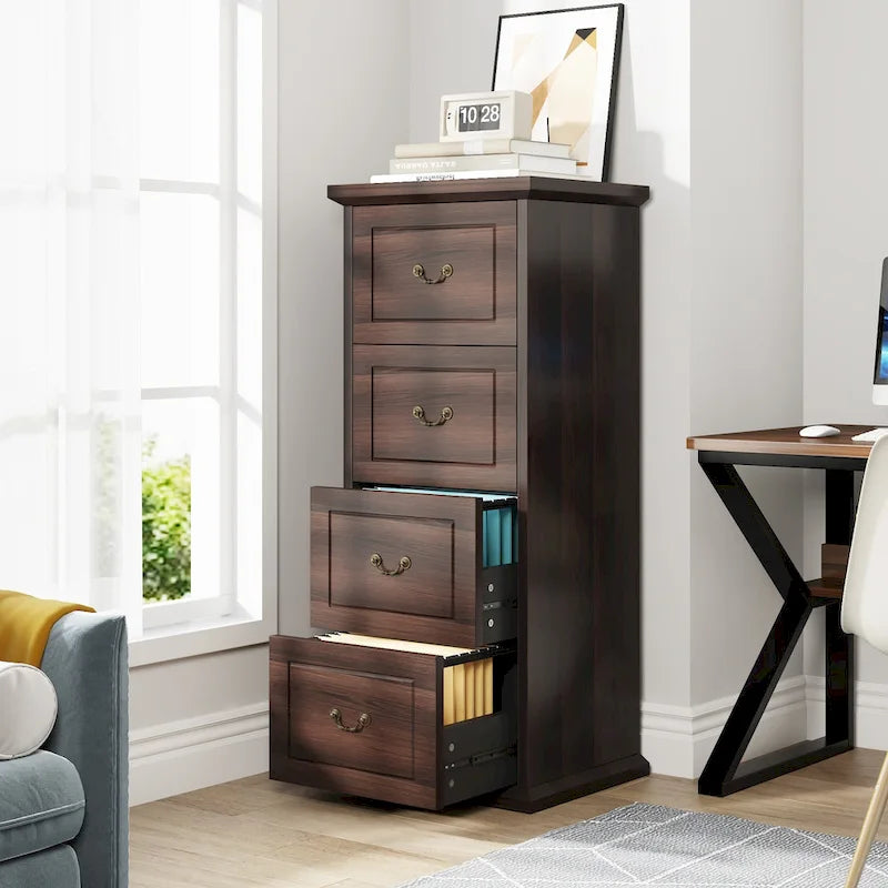 Meuble de classement vertical à 4 tiroirs en bois avec tringle amovible pour format A4/Lettre