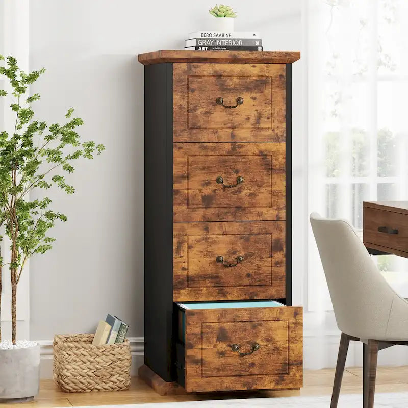 Meuble de classement vertical à 4 tiroirs en bois avec tringle amovible pour format A4/Lettre