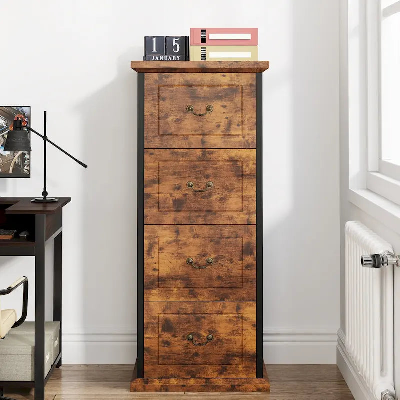 Meuble de classement vertical à 4 tiroirs en bois avec tringle amovible pour format A4/Lettre