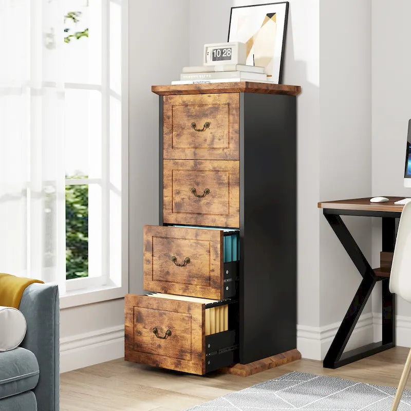 Meuble de classement vertical à 4 tiroirs en bois avec tringle amovible pour format A4/Lettre