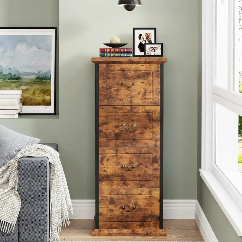 Meuble de classement vertical à 4 tiroirs en bois avec tringle amovible pour format A4/Lettre