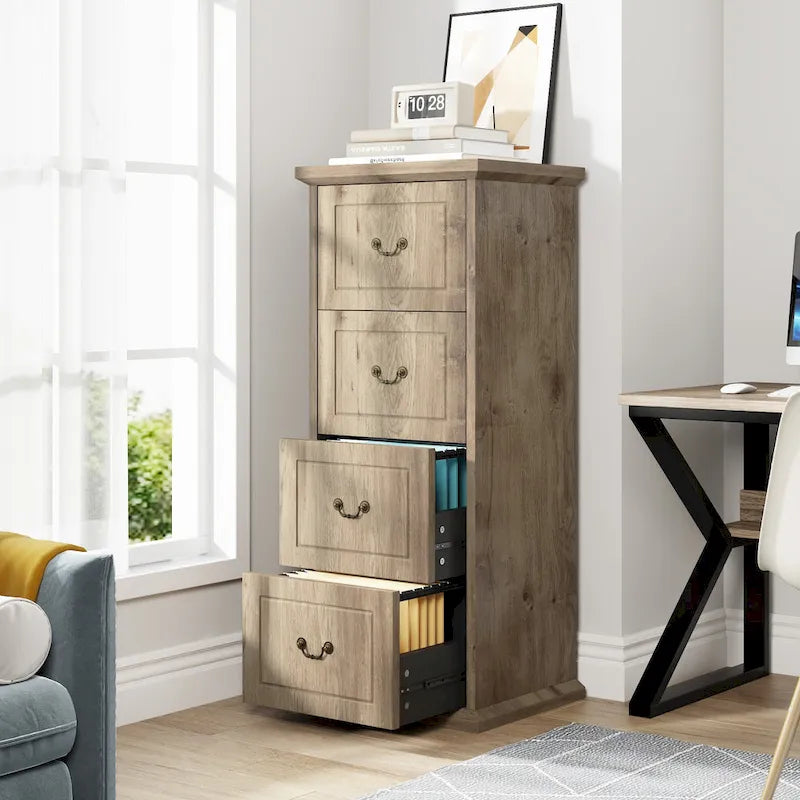 Meuble de classement vertical à 4 tiroirs en bois avec tringle amovible pour format A4/Lettre