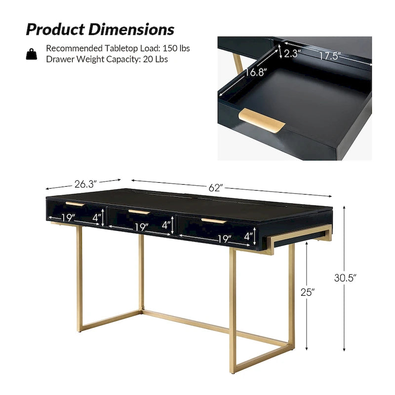 Bureau à 3 tiroirs Patricia Modern avec ports USB et prise par HULALA HOME