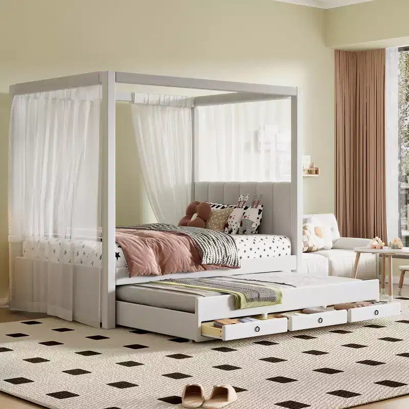 Lit à plateforme à baldaquin tapissé de lin pleine grandeur avec lit gigogne et trois tiroirs de rangement