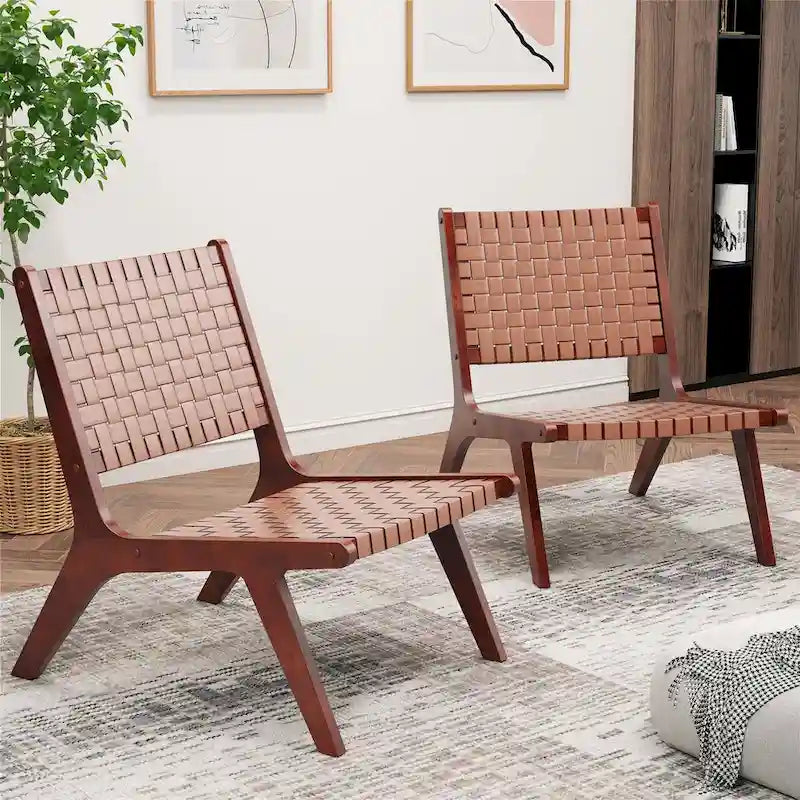 Costway Fauteuil d'appoint en cuir tressé, sans accoudoirs, en bois d'hévéa, style Mid-Century