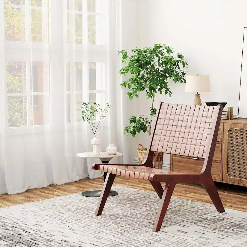 Costway Fauteuil d'appoint en cuir tressé, sans accoudoirs, en bois d'hévéa, style Mid-Century