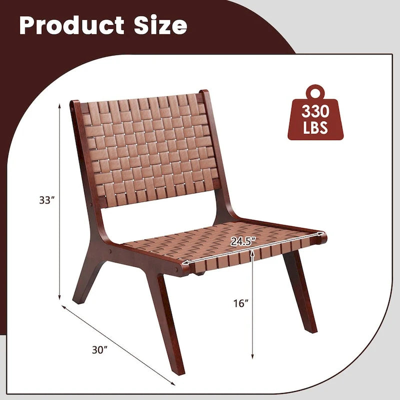 Costway Fauteuil d'appoint en cuir tressé, sans accoudoirs, en bois d'hévéa, style Mid-Century
