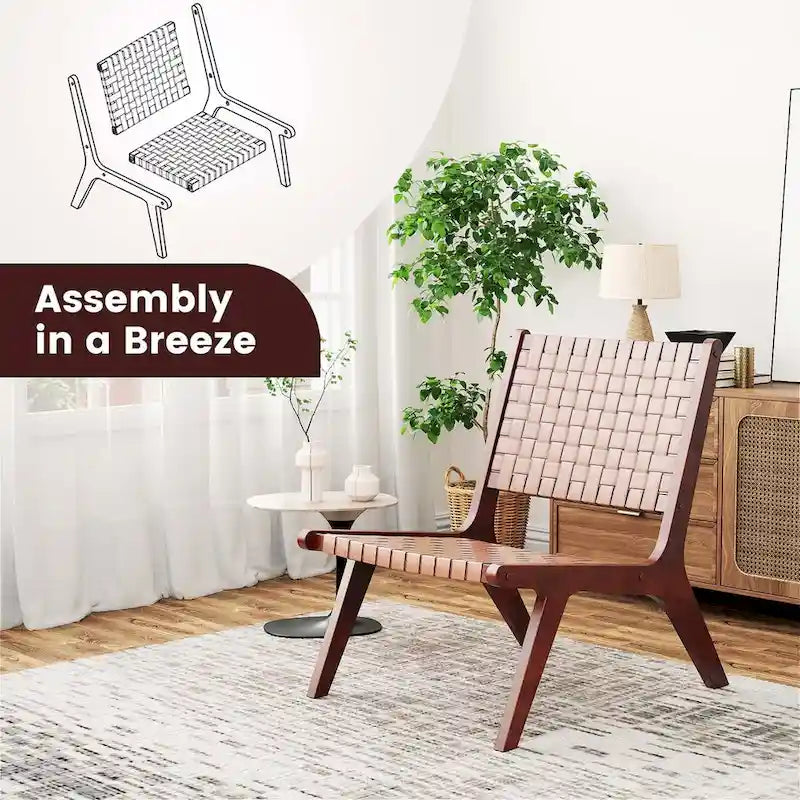 Costway Fauteuil d'appoint en cuir tressé, sans accoudoirs, en bois d'hévéa, style Mid-Century