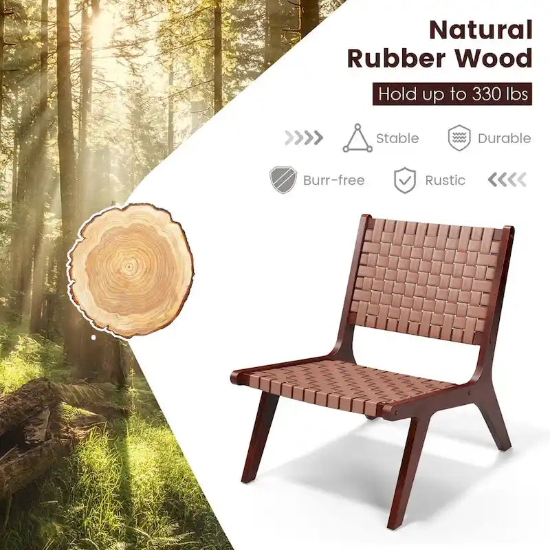 Costway Fauteuil d'appoint en cuir tressé, sans accoudoirs, en bois d'hévéa, style Mid-Century