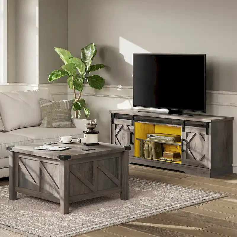 Meuble TV avec porte coulissante de grange et table basse WAMPAT, lot de 2