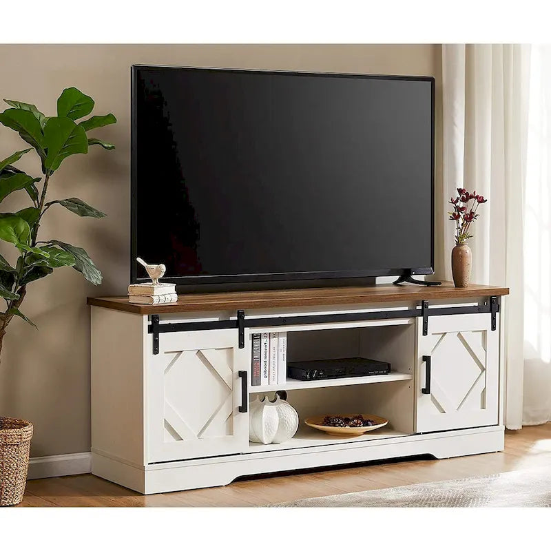 Meuble TV avec porte coulissante de grange et table basse WAMPAT, lot de 2