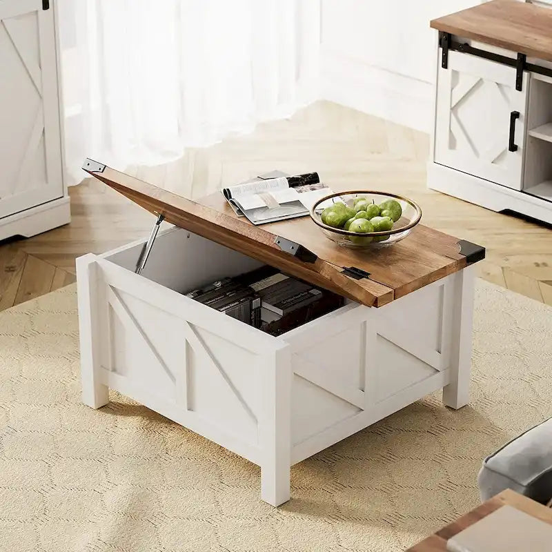 Meuble TV avec porte coulissante de grange et table basse WAMPAT, lot de 2