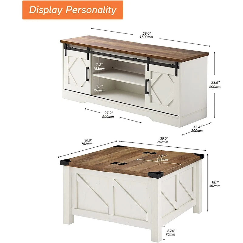 Meuble TV avec porte coulissante de grange et table basse WAMPAT, lot de 2