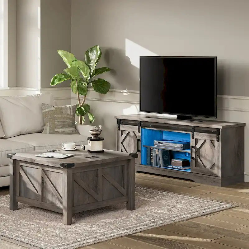 Meuble TV avec porte coulissante de grange et table basse WAMPAT, lot de 2