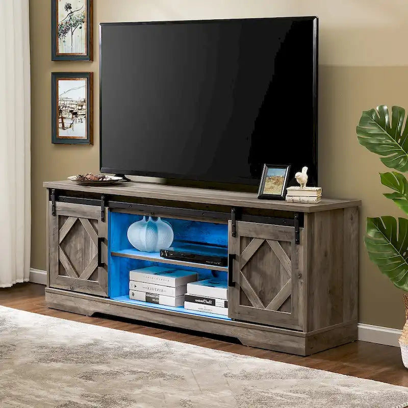 Meuble TV avec porte coulissante de grange et table basse WAMPAT, lot de 2