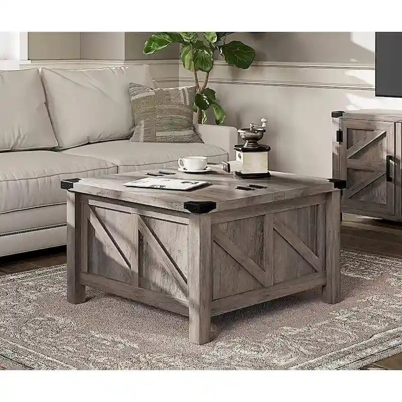 Meuble TV avec porte coulissante de grange et table basse WAMPAT, lot de 2