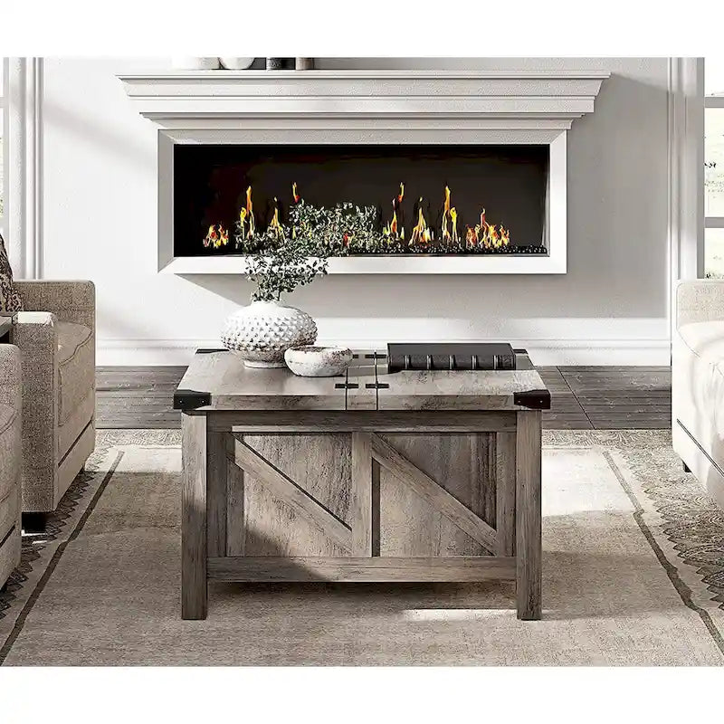 Meuble TV avec porte coulissante de grange et table basse WAMPAT, lot de 2