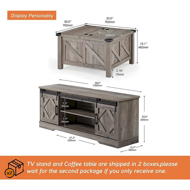 Meuble TV avec porte coulissante de grange et table basse WAMPAT, lot de 2