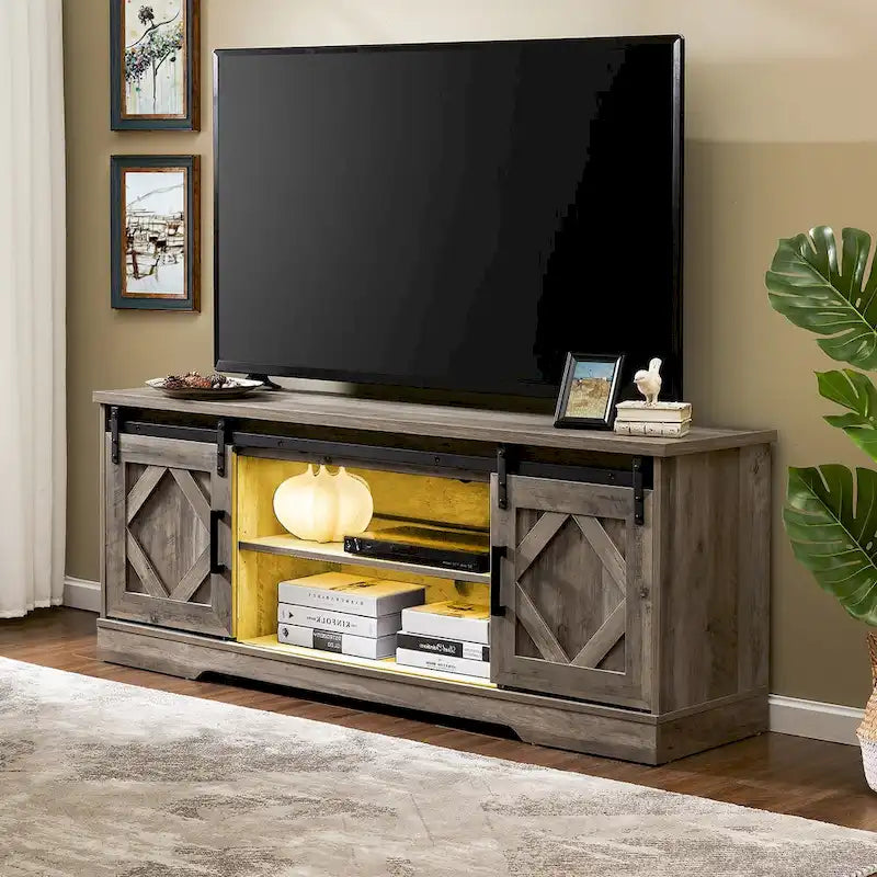 Meuble TV avec porte coulissante de grange et table basse WAMPAT, lot de 2