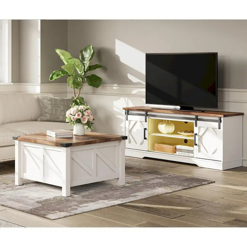 Meuble TV avec porte coulissante de grange et table basse WAMPAT, lot de 2