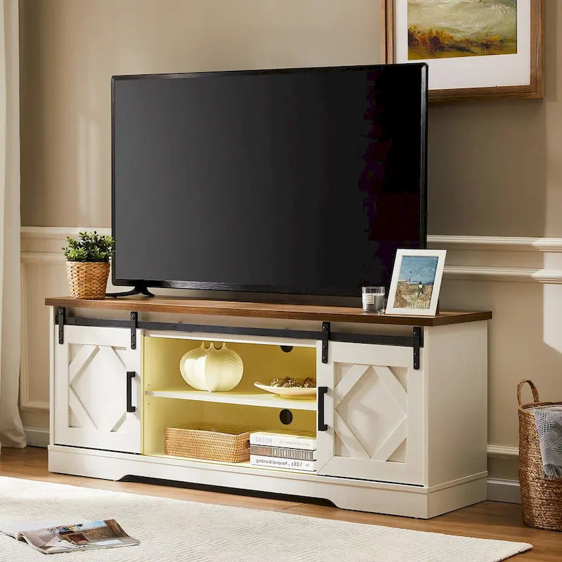 Meuble TV avec porte coulissante de grange et table basse WAMPAT, lot de 2