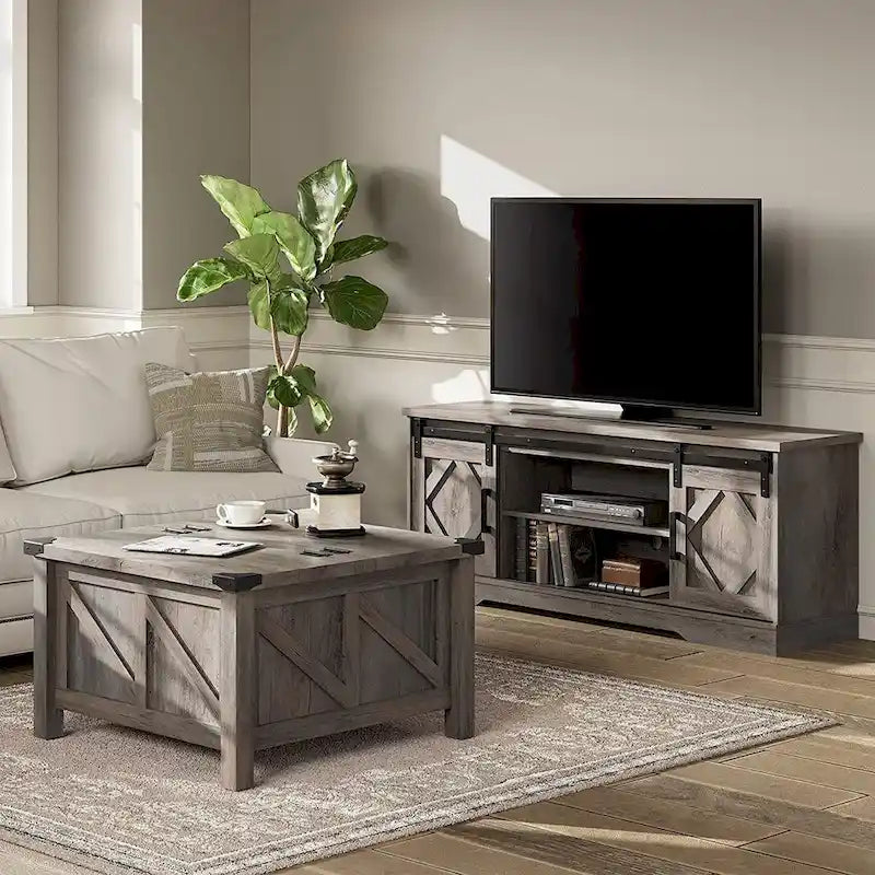 Meuble TV avec porte coulissante de grange et table basse WAMPAT, lot de 2