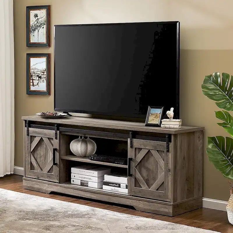 Meuble TV avec porte coulissante de grange et table basse WAMPAT, lot de 2