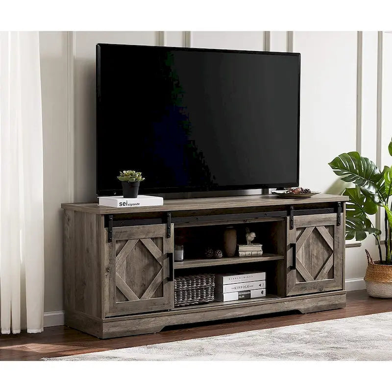 Meuble TV avec porte coulissante de grange et table basse WAMPAT, lot de 2