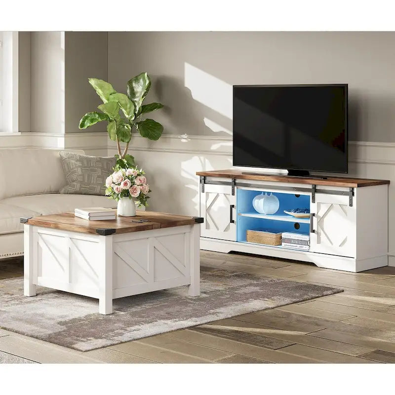Meuble TV avec porte coulissante de grange et table basse WAMPAT, lot de 2