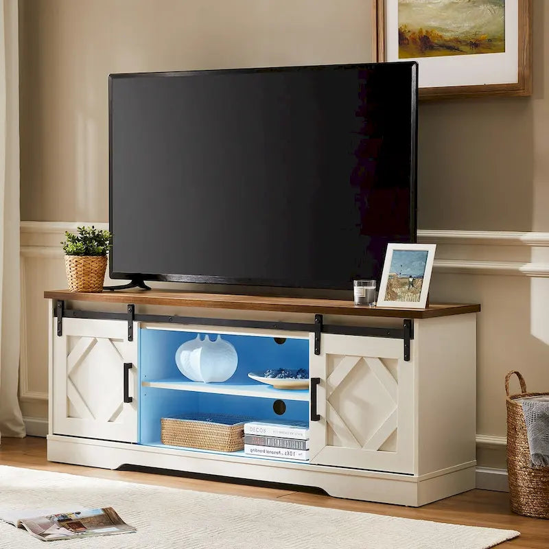 Meuble TV avec porte coulissante de grange et table basse WAMPAT, lot de 2