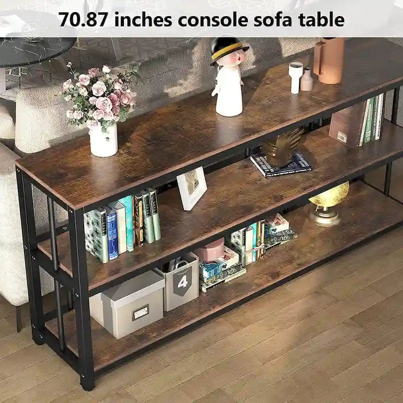 Table Console 70,9", Table de Canapé à 3 Niveaux avec Étagères, Marron