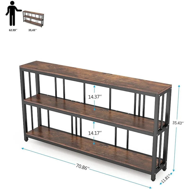 Table Console 70,9", Table de Canapé à 3 Niveaux avec Étagères, Marron