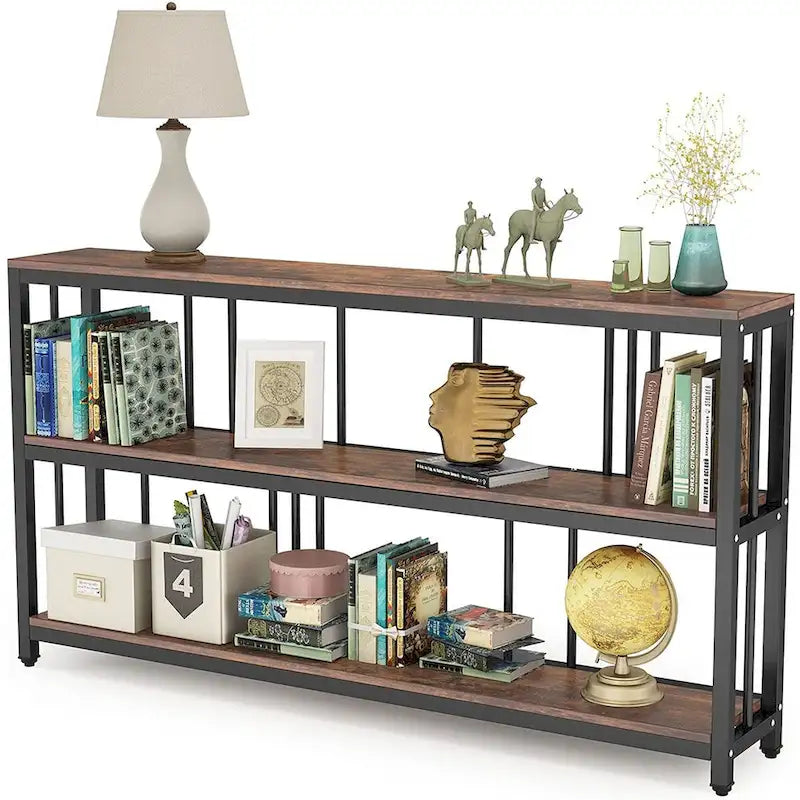 Table Console 70,9", Table de Canapé à 3 Niveaux avec Étagères, Marron