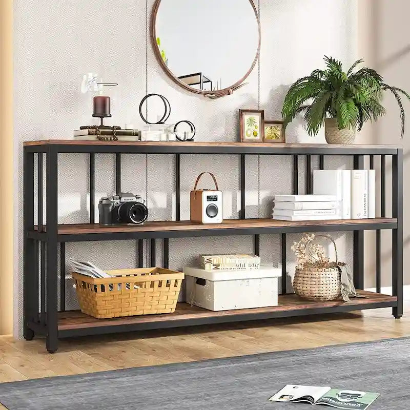 Table Console 70,9", Table de Canapé à 3 Niveaux avec Étagères, Marron