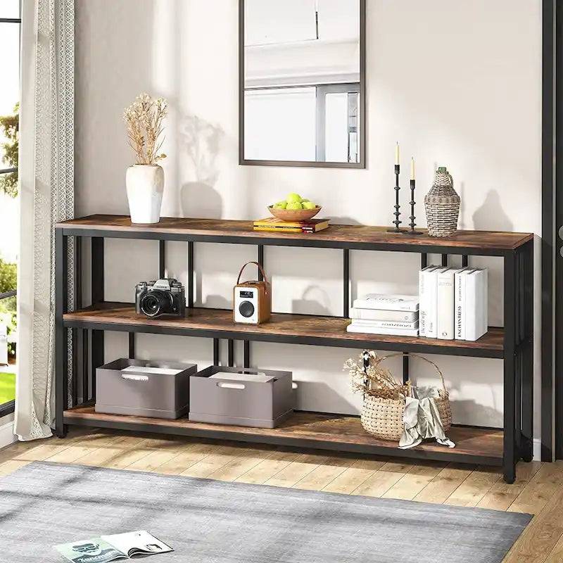 Table Console 70,9", Table de Canapé à 3 Niveaux avec Étagères, Marron