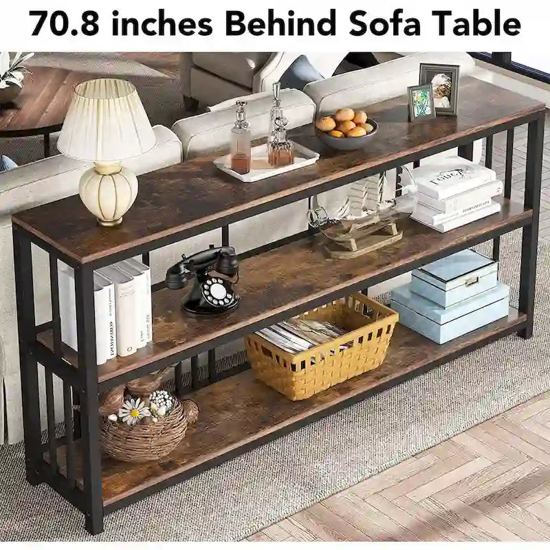 Table Console 70,9", Table de Canapé à 3 Niveaux avec Étagères, Marron