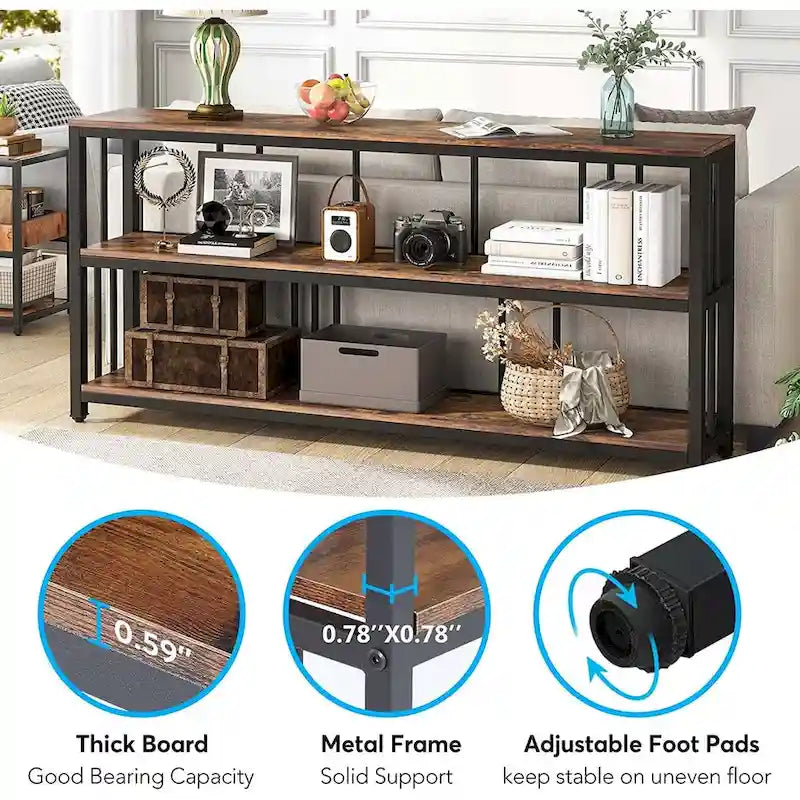 Table Console 70,9", Table de Canapé à 3 Niveaux avec Étagères, Marron