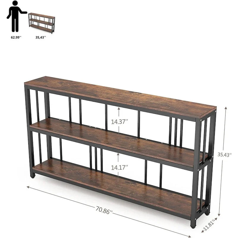 Table Console 70,9", Table de Canapé à 3 Niveaux avec Étagères, Marron