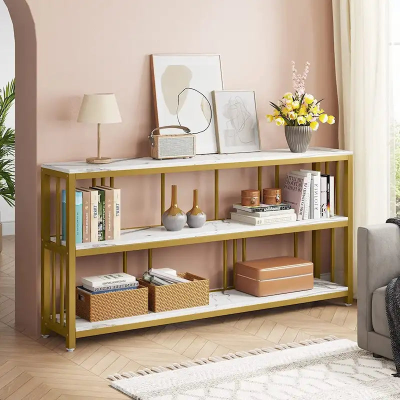 Table Console 70,9", Table de Canapé à 3 Niveaux avec Étagères, Marron