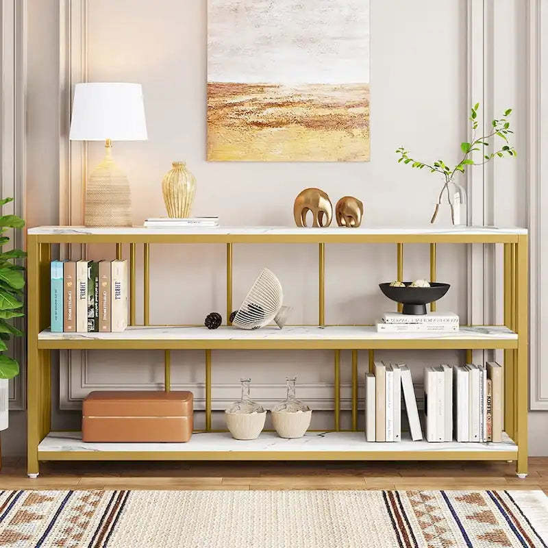 Table Console 70,9", Table de Canapé à 3 Niveaux avec Étagères, Marron