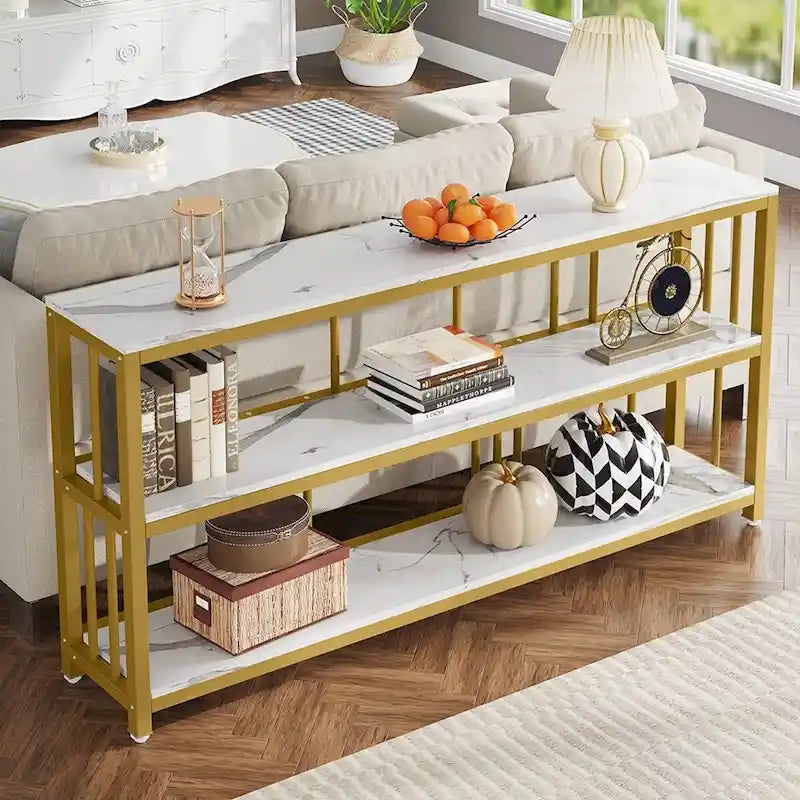 Table Console 70,9", Table de Canapé à 3 Niveaux avec Étagères, Marron