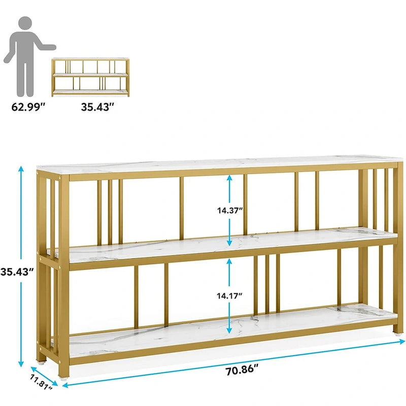 Table Console 70,9", Table de Canapé à 3 Niveaux avec Étagères, Marron